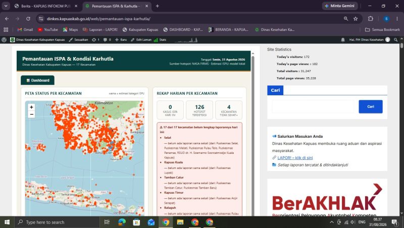 Tampilan portal pemantauan dampak kebakaran hutan dan lahan (Karhutla) terhadap kesehatan di https://dinkes.kapuaskab.go.id/web/pemantauan-ispa-karhutla.